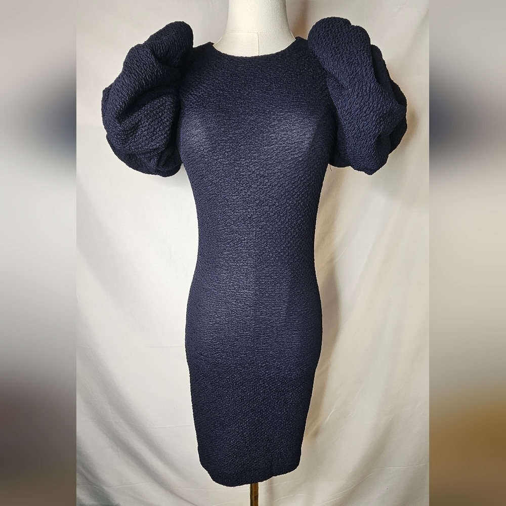 Rotate Birger Christensen Ruby Puff-Sleeve Mini Dress in Navy Blue Polyester - Picture 11 of 15